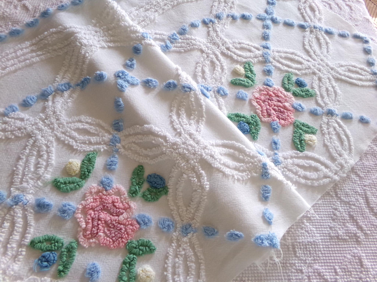 beach cottage fabric, cut from vintage chenille bedspread, 18" x 34" piece with 2 floral motifs, ideal for quilting & sewing