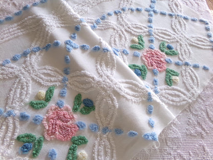 beach cottage fabric, cut from vintage chenille bedspread, 18" x 34" piece with 2 floral motifs, ideal for quilting & sewing