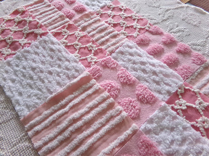 fun pink vintage chenille fabric squares, set of 16 quilt blocks, 6" x 6" inch, textured material ideal for rag quilts & patchwork pillows