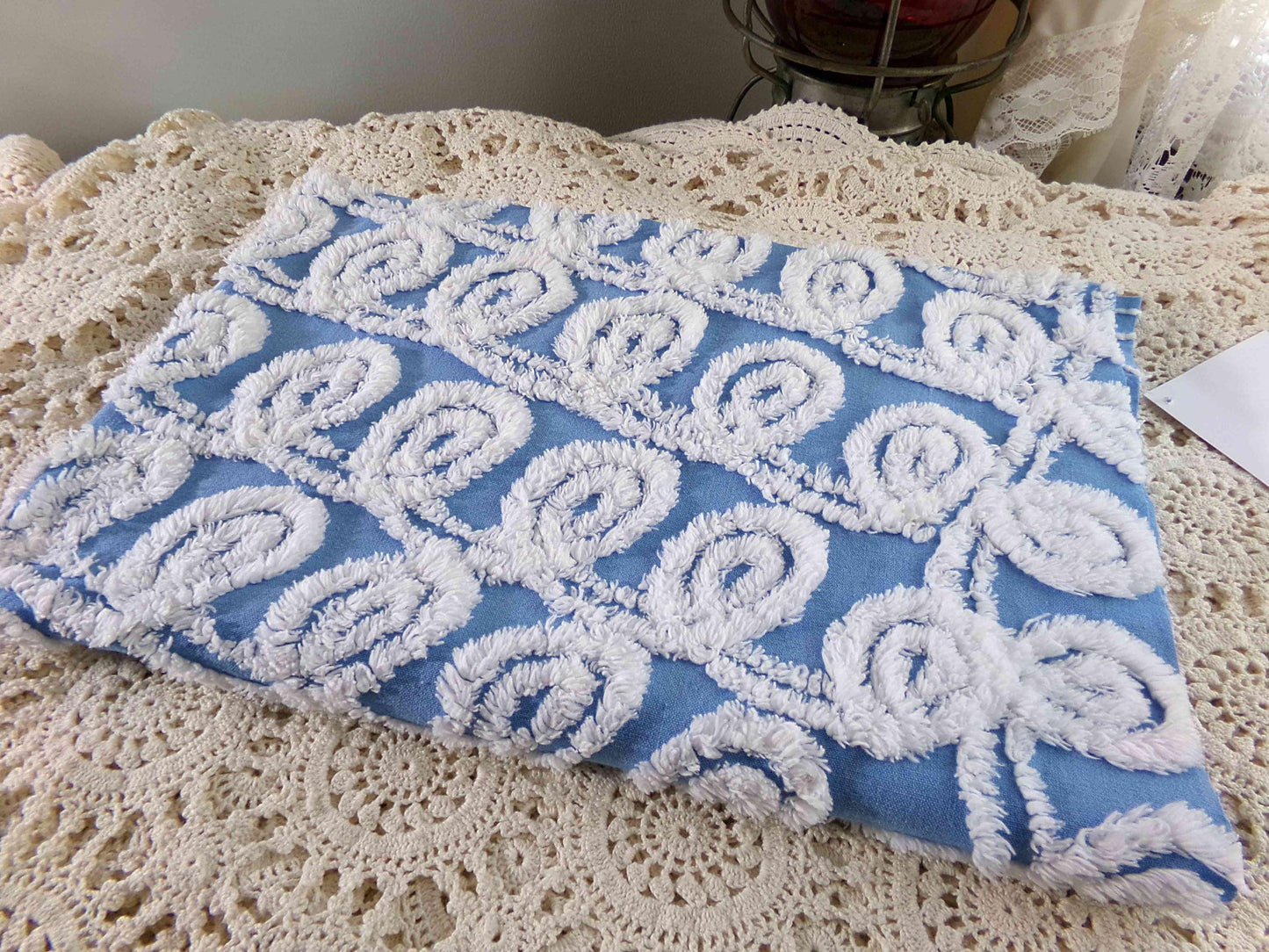 White & Blue Chenille Fabric, Soft Curlicue Swirls, 18" x 26" inch Piece, Vintage Cotton Material for Quilting, Crafts