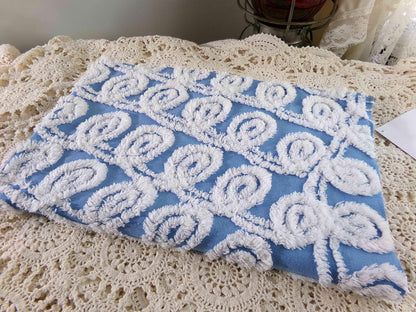 White & Blue Chenille Fabric, Soft Curlicue Swirls, 18" x 26" inch Piece, Vintage Cotton Material for Quilting, Crafts