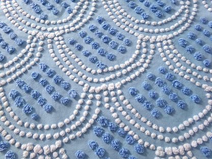 seashell pearls fabric, 20" x 24" inch piece cut from vintage chenille bedspread, beautiful blue & white scallop tufted design