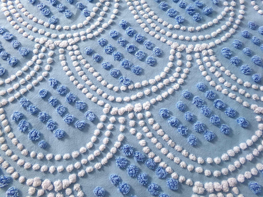mermaid tails vintage chenille fabric, 25" x 24" inch piece in beautiful blue & white scallop pops design
