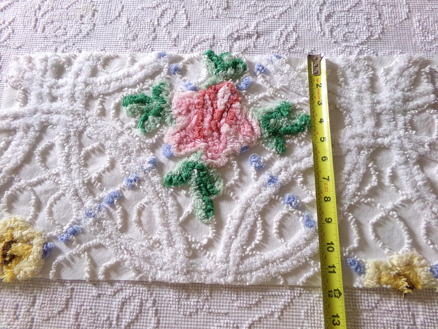 pretty pink rose fabric piece, vintage floral chenille cottage shabby sewing material, 11" x 22" inches