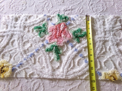 pretty pink rose fabric piece, vintage floral chenille cottage shabby sewing material, 11" x 22" inches