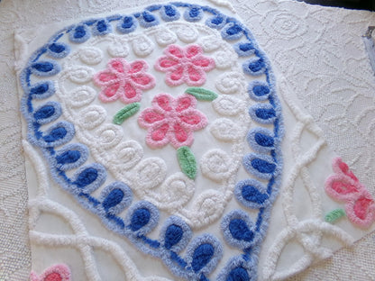 shabby pink & blue vintage chenille heart fabric, trio of roses with curlicue swirls, 18" x 22" piece of sewing material great for pillow