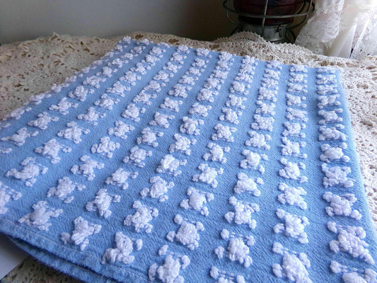Deeply Serene Blue & White Rosebud Vintage Chenille Fabric, Heirloom Quality Material for Quilts, Pillows, 24" x 20" inch Piece