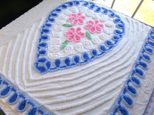 sweet 'n shabby vintage chenille fabric, pink & blue rose heart design, 24" x 25" piece of sewing material