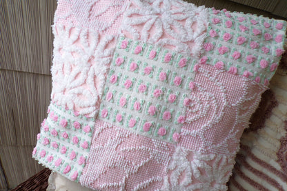 Cottage Fantasy Chenille Pillow Cover 16" x 16" inch Square, REVERSIBLE Patchwork Pink Accent Pillow from Vintage Chenille Bedspread Fabric