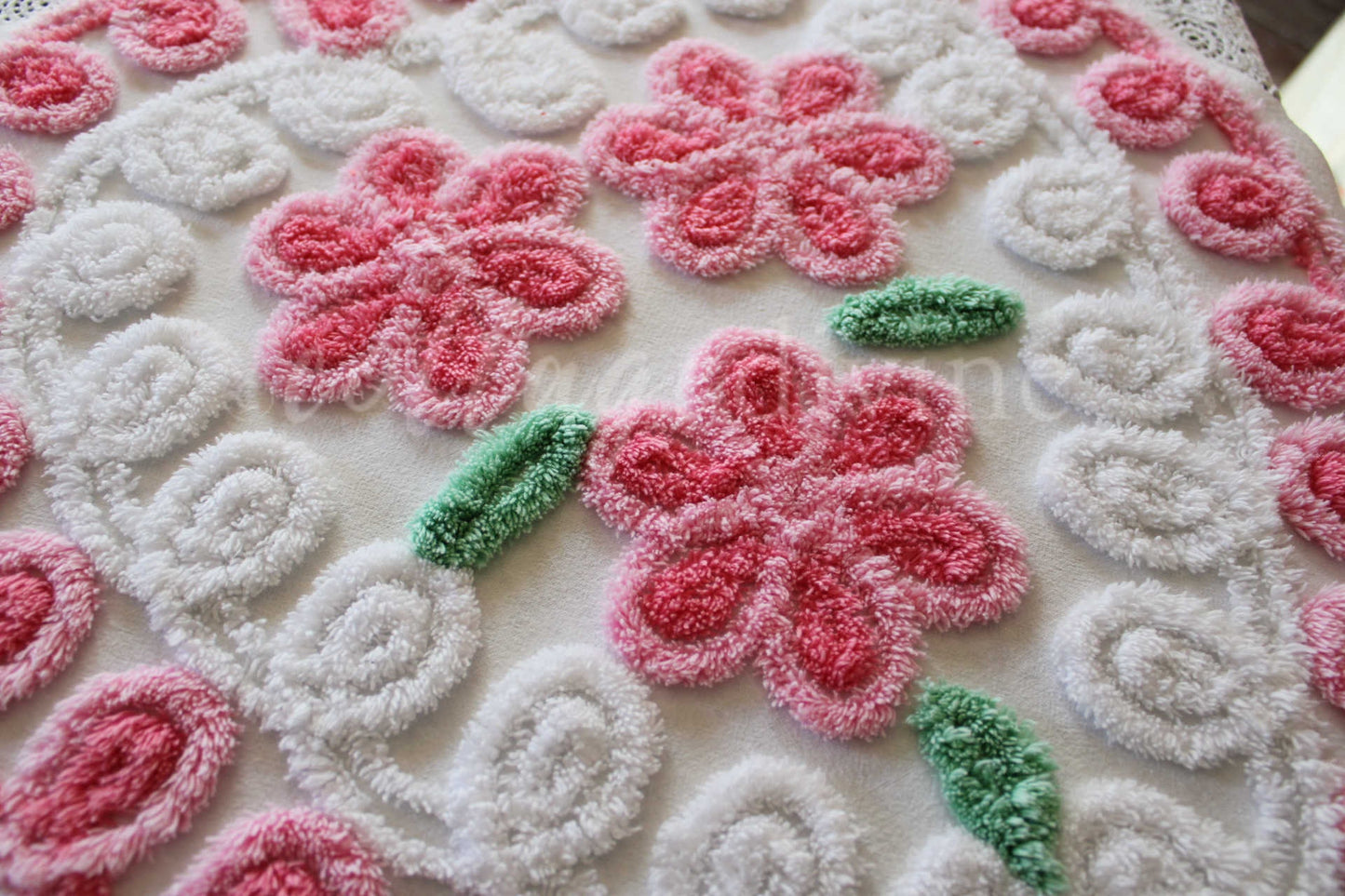 Pink Rose Candy Hearts Vintage Chenille Fabric, 27" x 42" Inch LARGE Piece, Cute Floral Trios on White Cotton, Great for Quilting & Pillows