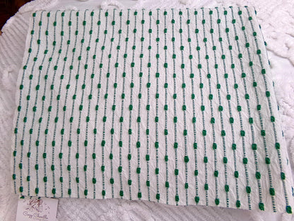 preppy kelly green textured fabric piece, vintage chenille raindrop dots on white woven cotton, great in quilts, xmas stockings, 20" x 25"