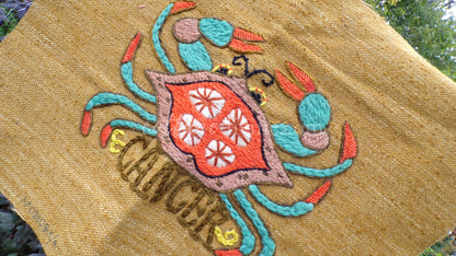 CANCER Rare Zodiac Vintage Astrology Embroidery, Paragon Crewel Stitchery, Completed, an Original 1969 Barbara Sparre Design