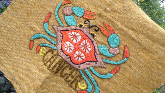 CANCER Rare Zodiac Vintage Astrology Embroidery, Paragon Crewel Stitchery, Completed, an Original 1969 Barbara Sparre Design