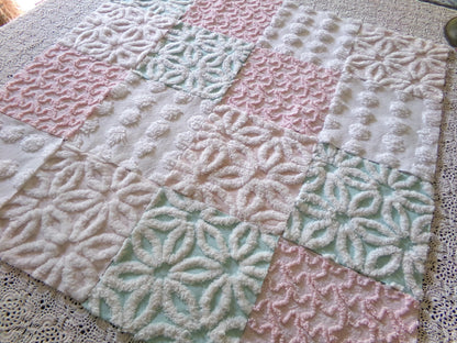 Beautiful Aqua & Pink Chenille Quilt Squares Set from Vintage Bedspread Fabric, 16 Blocks, 6" x 6" inch, Daisy, Squiggle, Polka Dot Patterns