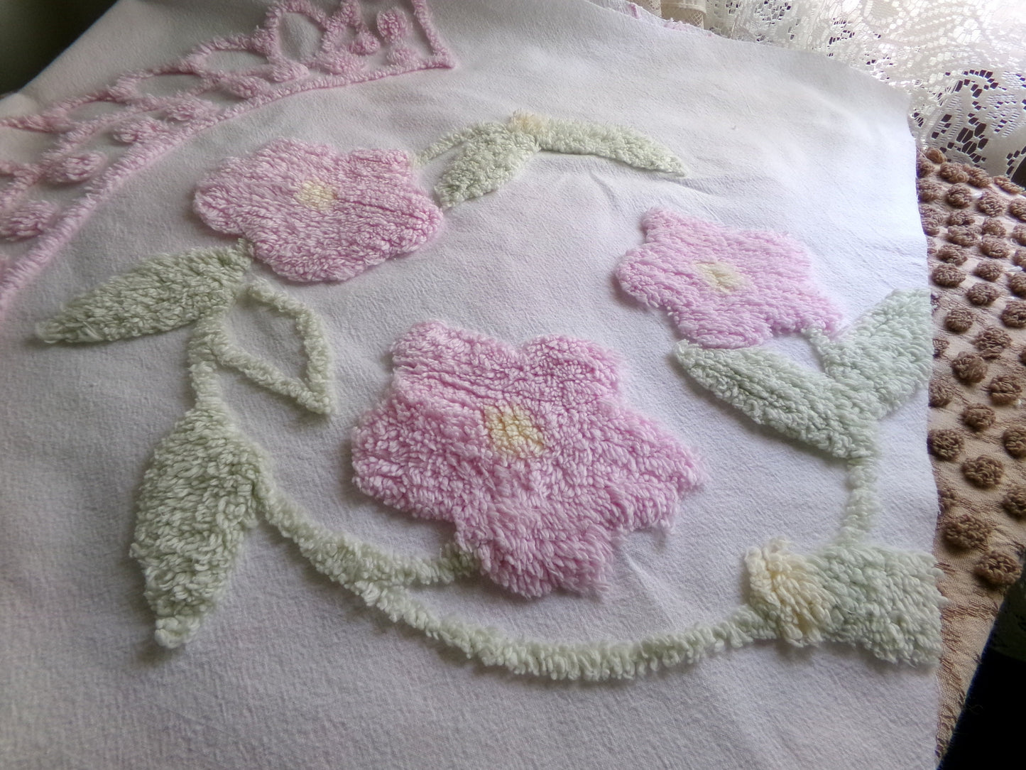 Pink Floral Blooms Vintage Style Chenille Fabric, Lovely Plush Flowers on White Cotton, 21" x 34" inch Piece