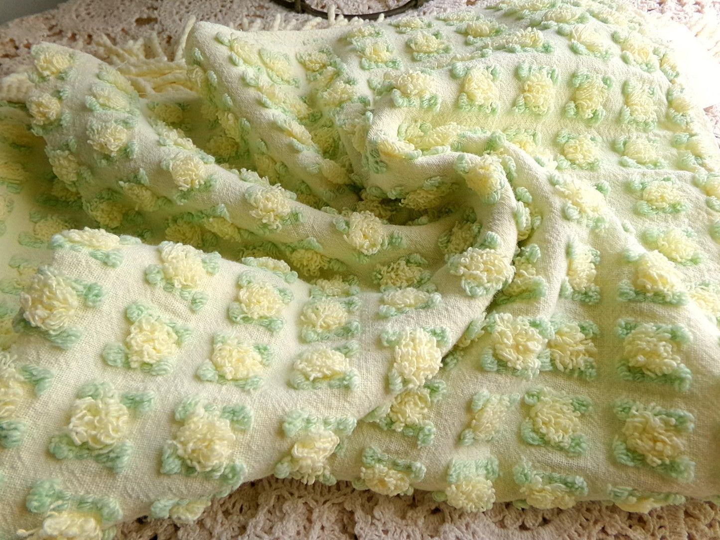 rosebud chenille fabric in radiant lemon chiffon, 18" x 25" piece of vintage quilt material with little yellow rosebuds