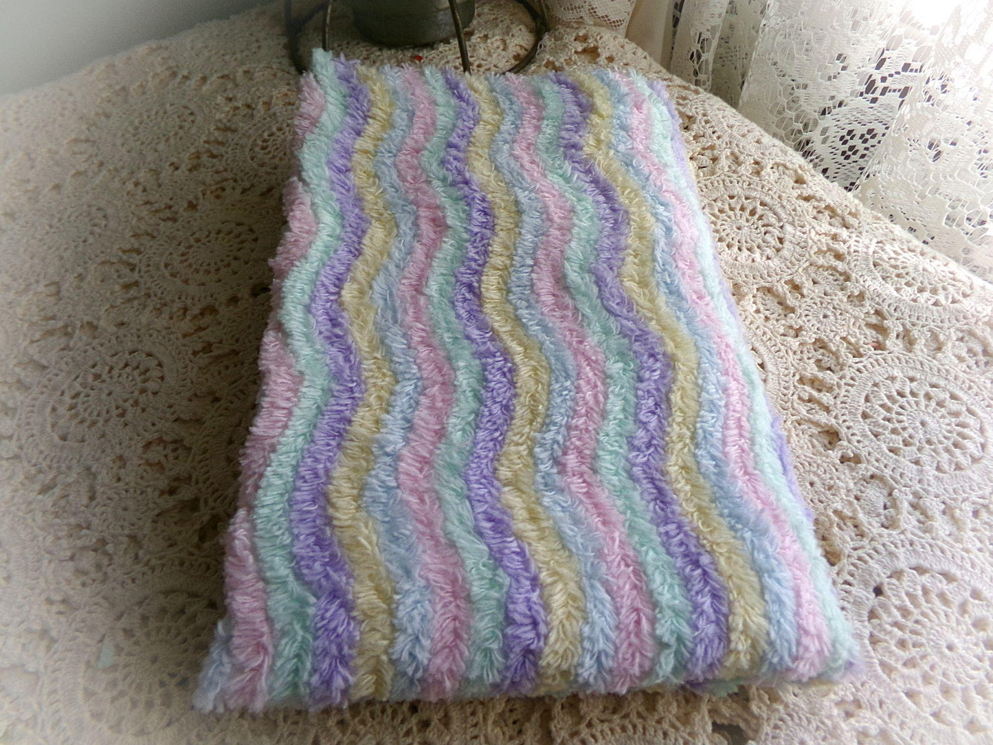 Pastel Rainbow Striped Chenille Fabric, Vintage Lilac, Yellow, Mint Green, Sky Blue & Pink Ripple 18" x 24" piece, sewing quilt material