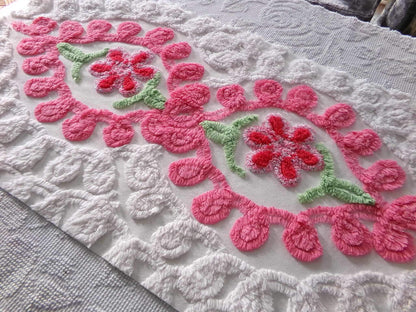 Hourglass Curlicue Vintage Chenille Fabric Piece, Sparkle Rose Flowers, 16" x 28" inches
