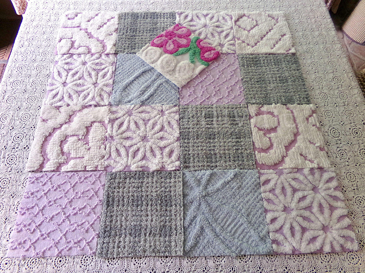 Sweet Dreams Vintage Chenille Fabric Squares, in Grey, Lilac, White & Blue, Set of 17 Blocks, 6" Each for Quilts, Crafts
