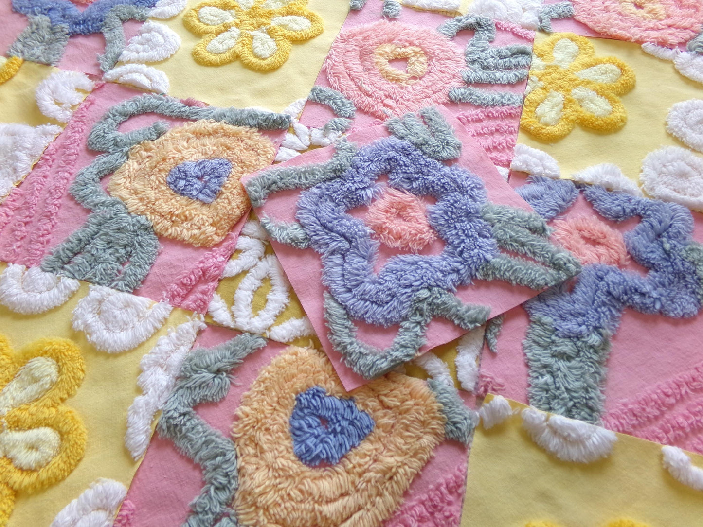 vintage chenille fabric squares, "buttercups & rose petals" set of 16 floral 6" quilt blocks in yellow flower, rose pink floral, gold daisy