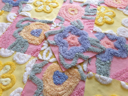 vintage chenille fabric squares, "buttercups & rose petals" set of 16 floral 6" quilt blocks in yellow flower, rose pink floral, gold daisy