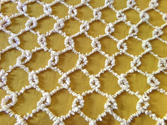Hippie Vintage Chenille Fabric in Butterscotch Gold with White Chicken Wire Design, 100% Lightweight Cotton, 20" x 24" inch piece