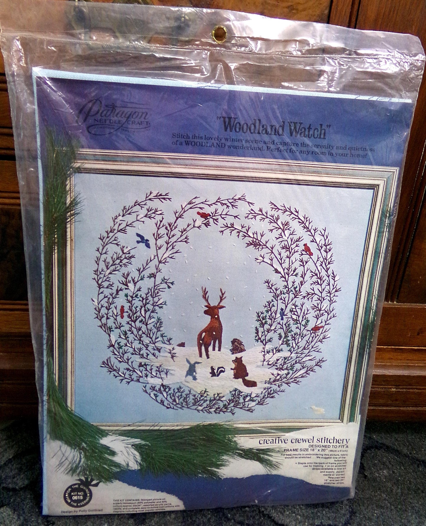 WOODLAND WATCH Whimsical Crewel Embroidery Kit, Paragon Needlecraft 0615, Winter Wonderland Nature Scene Stitchery, Polly Gottfried Design