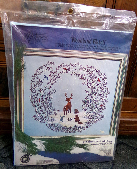 WOODLAND WATCH Whimsical Crewel Embroidery Kit, Paragon Needlecraft 0615, Winter Wonderland Nature Scene Stitchery, Polly Gottfried Design