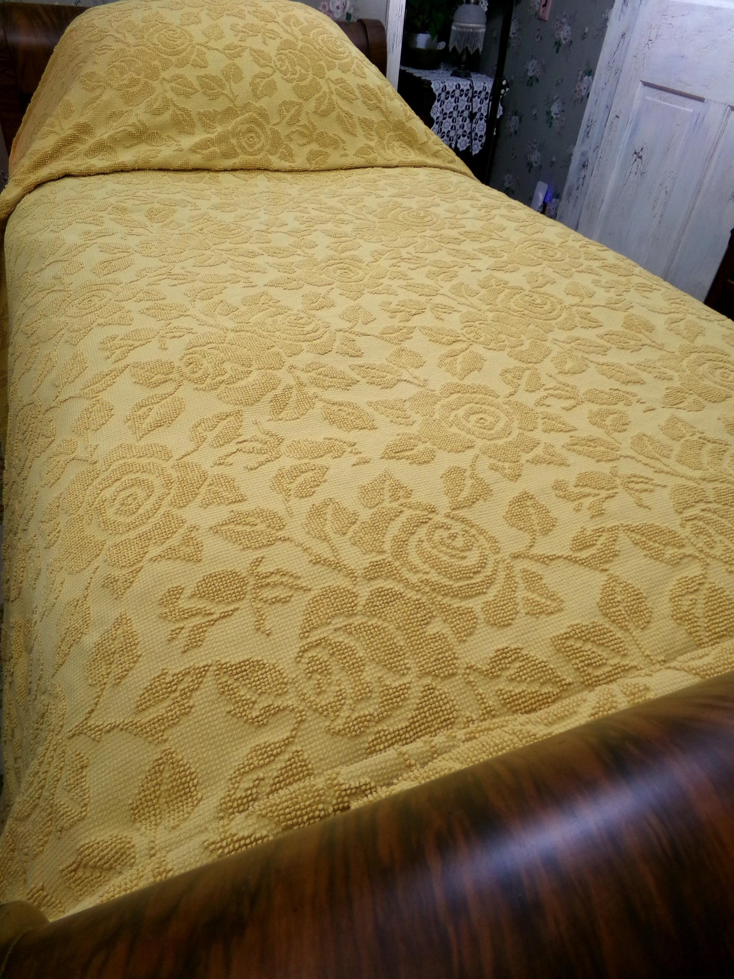 Vintage Chenille Bedspread in Sunflower Honey Golden Blonde | Hobnail Cabbage Rose Woven Texture | On Trend Boho Style Heavyweight Spread