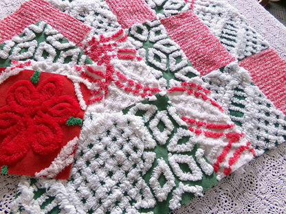 Christmas Chenille Quilt Squares, Set of 17 Festive Red, White & Green 6" Cotton Quilt Blocks, ideal for holiday crafts, quilting and sewing