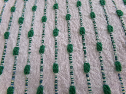 preppy kelly green textured fabric piece, vintage chenille raindrop dots on white woven cotton, great in quilts, xmas stockings, 20" x 25"