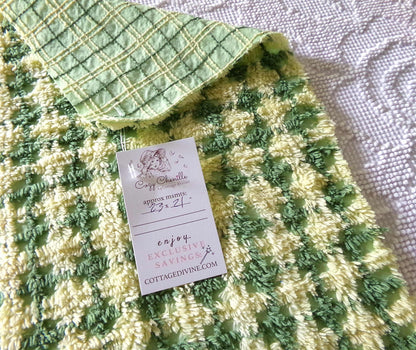Cheerful Green & Yellow Plaid Vintage Chenille Fabric, 21" x 23" inch Piece, Soft Cotton Blend