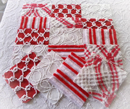 candy canes chenille fabric squares, red & white vintage craft square set of 16 blocks, 6" x 6" inch, great for Christmas stockings
