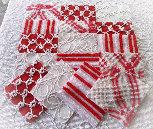 candy canes chenille fabric squares, red & white vintage craft square set of 16 blocks, 6" x 6" inch, great for Christmas stockings