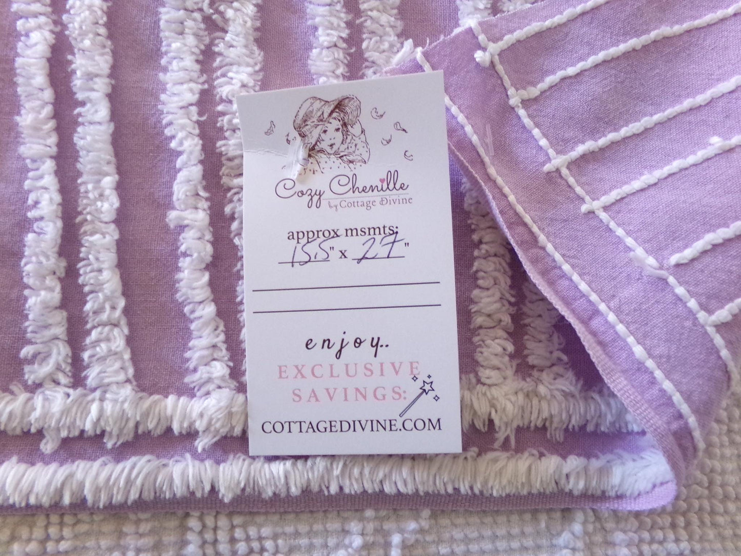easter lilac chenille fabric, white tufted stripes on purple, 15.5" x 27" inch piece cut from vintage chenille bedspread