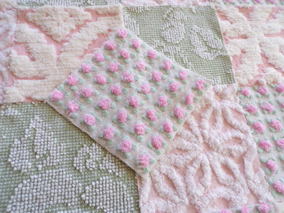 pink & green chenille fabric squares, set of 16 vintage quilt blocks 6" each, popular spring daisy, rosebud and hobnail patterns