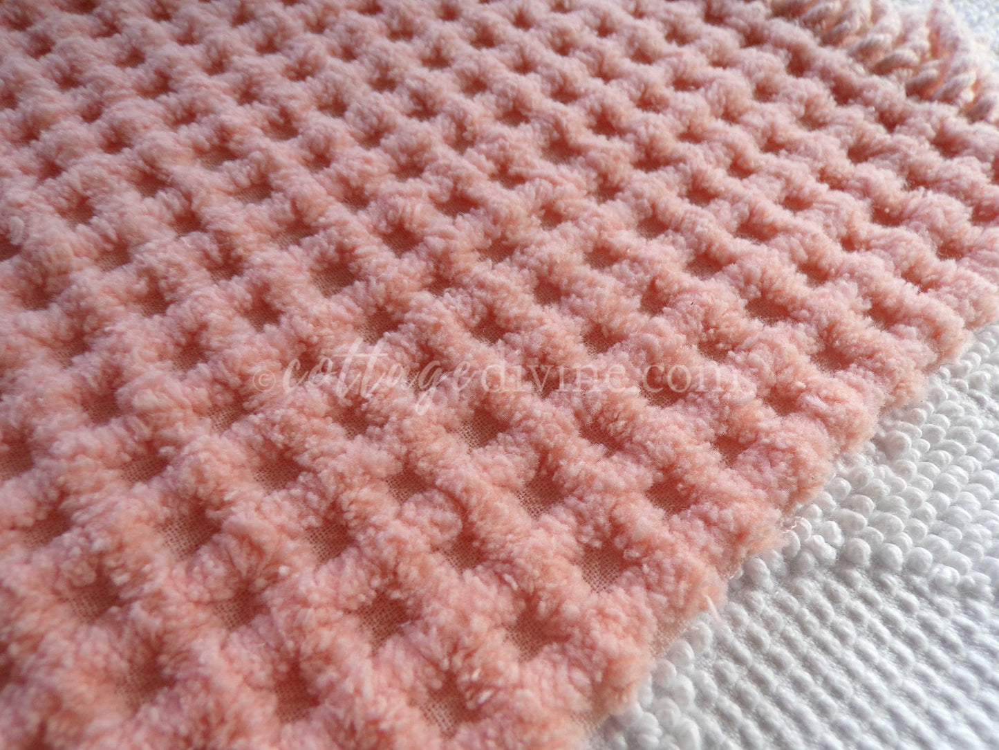 Mini Grid Vintage Chenille Quilt Fabric in Peach Bliss, 24" x 25" Piece, Snuggly Soft Cotton Waffle Tufting