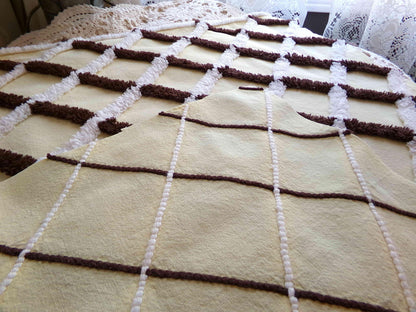 Buttery Yellow Chenille Crosshatch Fabric, Wide Tufted Chocolate Brown & White Lines, 20" x 25" inch Vintage MCM Cotton Material