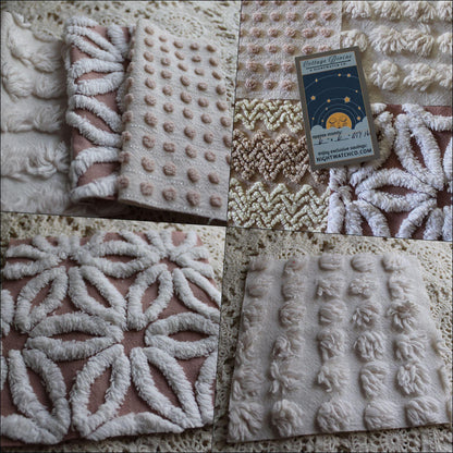 creamy vanilla mocha chenille fabric squares, set of 16 vintage quilt blocks 6" inches ea, daisy, squiggle, puffy pop texture