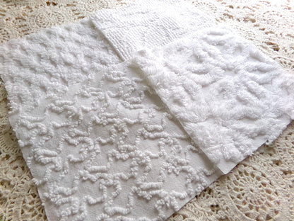 Snow Baby Chenille Fabric Squares Set of 16 White Quilt Blocks, 6" x 6" inches each, Diamond, Squiggle Daisy & Hobnail Texture Patterns