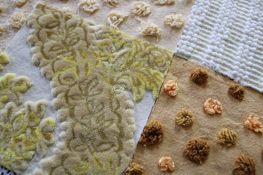 Golden Glow Chenille & Velvet Quilt Squares Set, from Vintage Bedspread Fabric, 16 Blocks, 6" x 6" inches each, Shades of Gold, Yellow