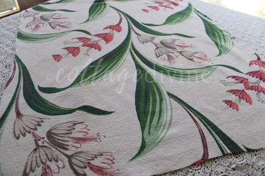 Botanical Vintage Barkcloth Fabric Piece, 21" x 26" inches, Tropical Floral Plant Print on White, Great for DIY Pillows, Puritan Coronado