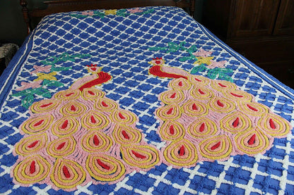 Royal Blue Vintage Peacock Chenille Bedspread, Bold Tropical Floral Colors, FULL Sz