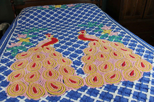 Royal Blue Vintage Peacock Chenille Bedspread, Bold Tropical Floral Colors, FULL Sz