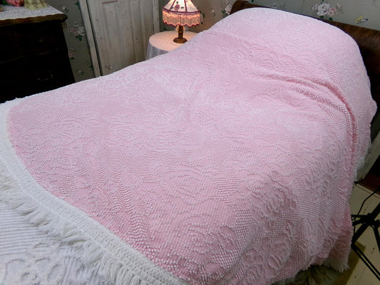 Vintage Twin Chenille Bedspread | Pink White Hobnail Rose Pattern with Fringe | Shabby Chic Woven Cotton Bedding