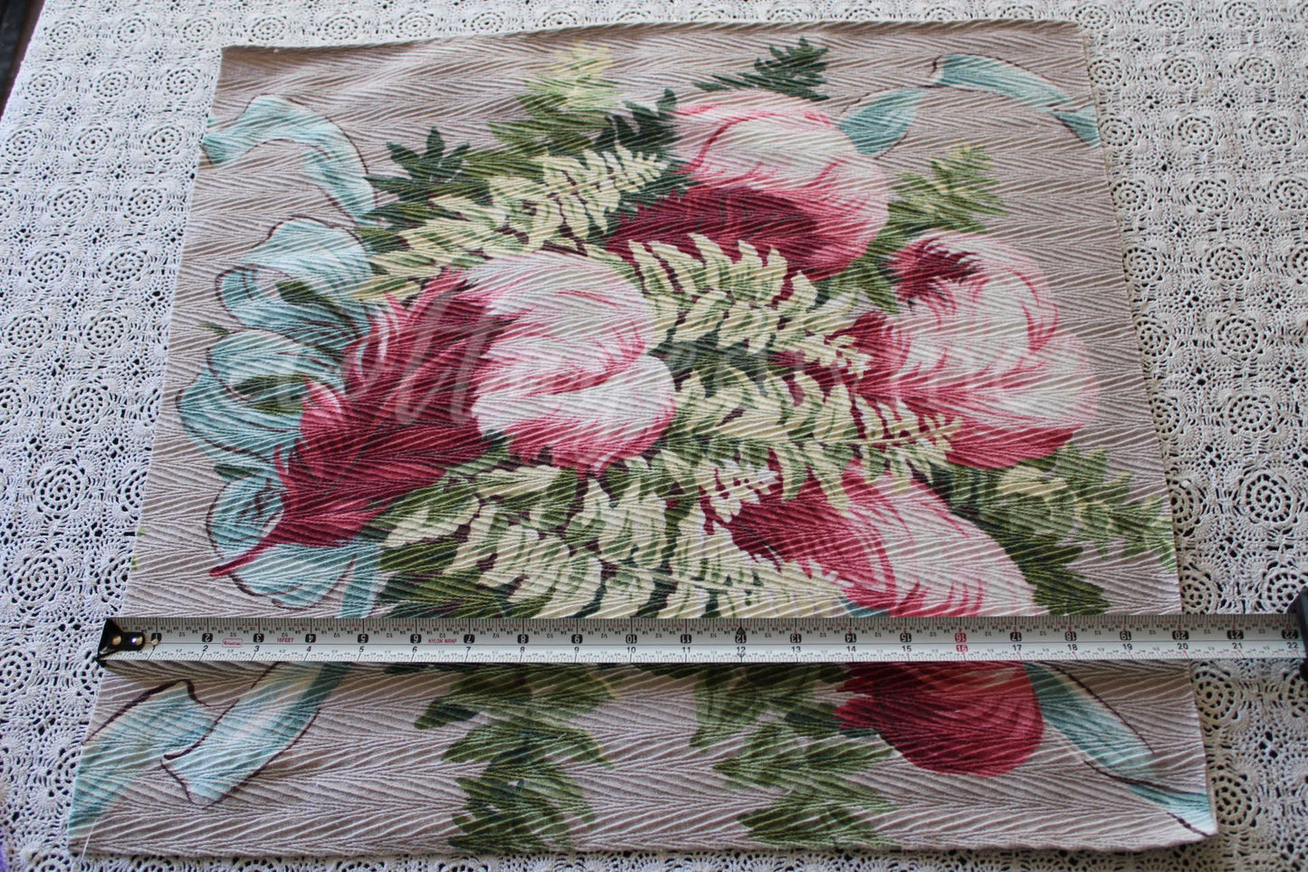 Divine Feathery Pink Plume Vintage Barkcloth Fabric, 19" x 19" inch Piece, Botanical Floral Print on Cool Grey, Great for DIY Pillows