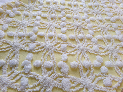 sunny yellow vintage chenille fabric, 20" x 24" piece of craft material for sewing, quilting in white overtufted pops & spider ring pattern