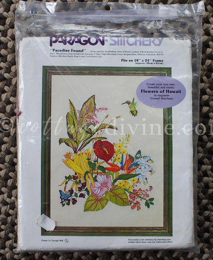 PARADISE FOUND Flowers of Hawaii Hummingbird Vintage Crewel Stitchery Kit by Paragon, Georgia Ball, # 0308