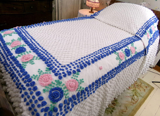 enchanting cottage vintage chenille bedspread, pink and blue roses, pops & pom poms, full or twin size antique white cotton bedding
