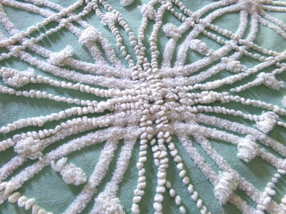 chic jade green vintage chenille fabric, white spider web design, 20" x 26" inch piece for quilting material & sewing